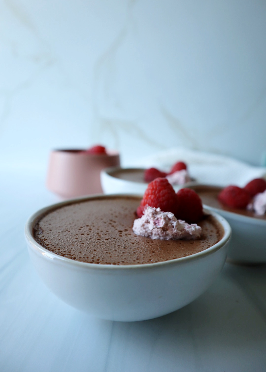 Chocolate Pot De Cremes with Raspberry Whipped Cream